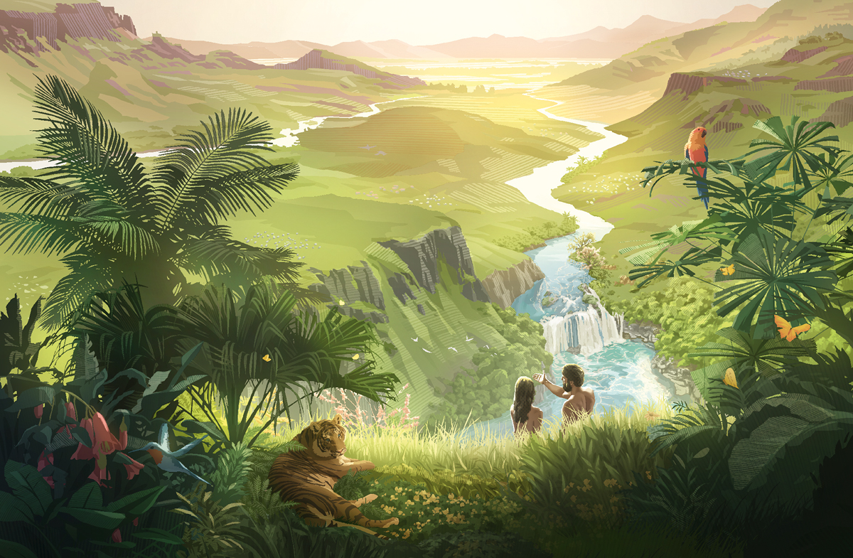 آدم و حوّا در باغی زیبا پر از حیوانات و گیاهان مختلف.‏