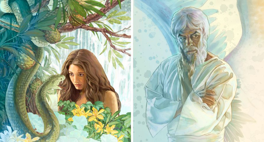 یک فرشتهٔ بد یعنی شیطان از طریق یک مار حوّا را فریب می‌دهد.‏