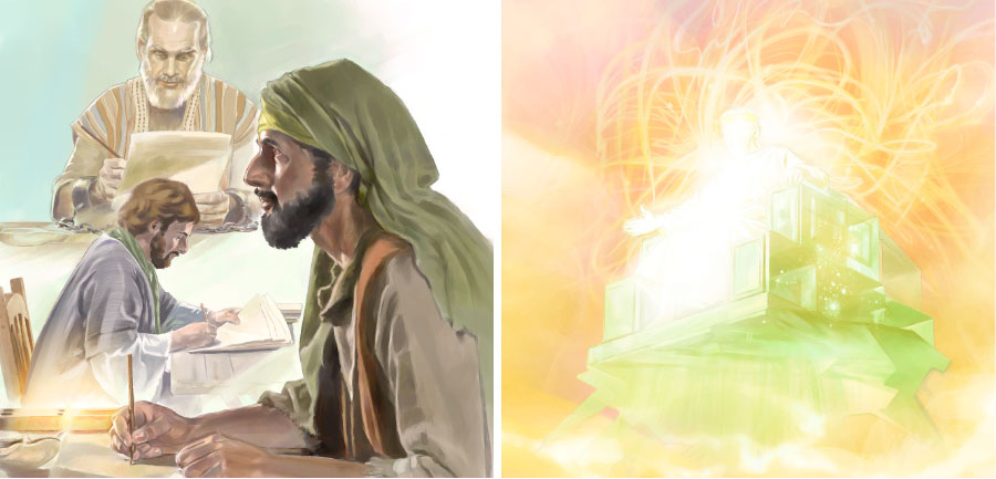 یَهُوَه از تخت آسمانی‌اش انسان‌هایی را هدایت می‌کند تا پیامش را بنویسند