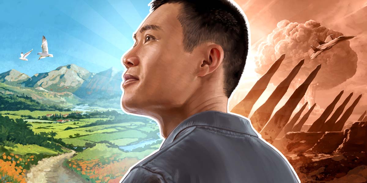 مجموعه‌ای از تصاویر:‏ مردی با شجاعت و اطمینان به جلو نگاه می‌کند.‏ ۱)‏ پشت او صحنهٔ جنگ است.‏ هواپیماهای جنگی،‏ سلاح‌های هسته‌ای و ابر قارچی دیده می‌شود.‏ ۲)‏ روبروی او زمینی آرام و تمیز است.‏ کوه‌ها،‏ دشت‌های سرسبز،‏ رودخانه و پرنده دیده می‌شود.‏