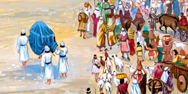 كاهنان در بستر خشک‌شدهٔ رود اردن با صندوق عهد؛‏ اسرائيليان در حال عبور از رود اردن