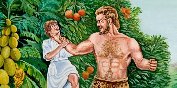 مردی غول‌پيكر در حال زدن مردی ديگر