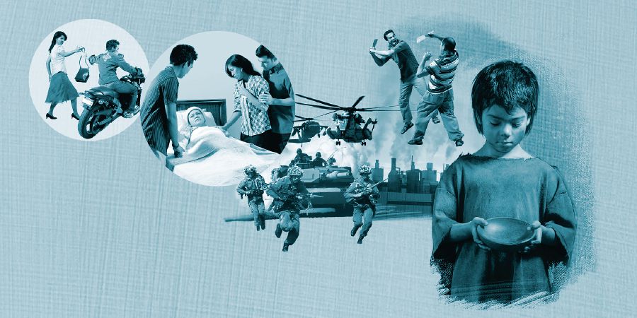 مشکلات امروز شامل جرم و جنایت،‏ بیماری،‏ جنگ،‏ خشونت و قحطی است