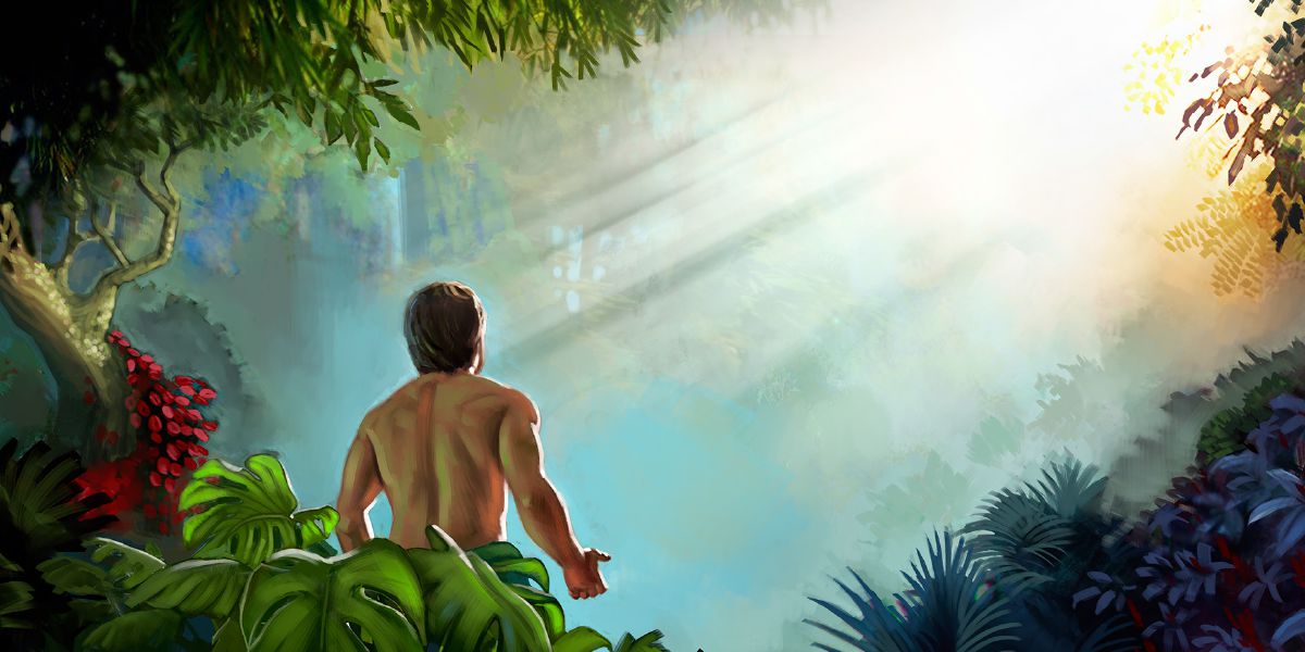 در باغ عدن اشعهٔ خورشید بر آدم می‌تابد