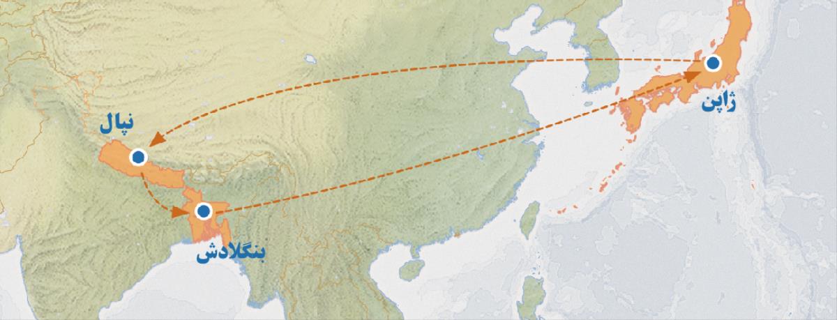 نقشه‌ای که سفر از ژاپن به نپال،‏ بنگلادش و سپس برگشت به ژاپن را نشان می‌دهد