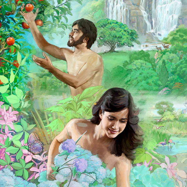 آدم و حوا،‏ جوان و تندرست،‏ در باغ زیبا و پربار عدن 