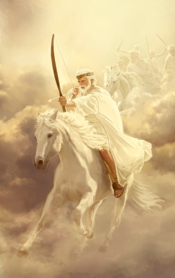 عیسی مسیح سوار بر اسبی سفید برای پیروزی بر دشمنان پادشاهی خدا به پیش می‌تازد