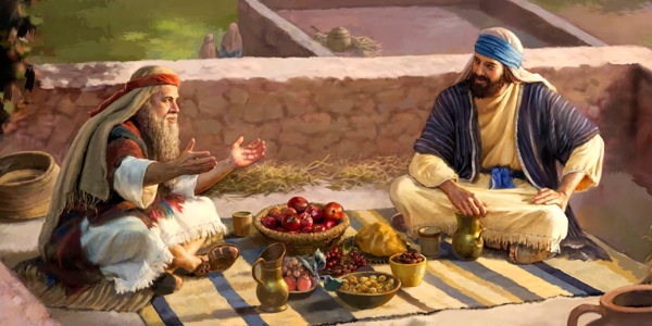 سموئیل و شائول در پشت‌بام با هم غذا می‌خورند