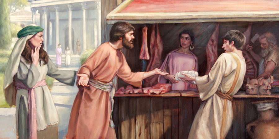 در بازاری در قرن اول میلادی،‏ زوجی با دیدن این که هم‌ایمانشان گوشت می‌خرد،‏ ناراحت می‌شوند