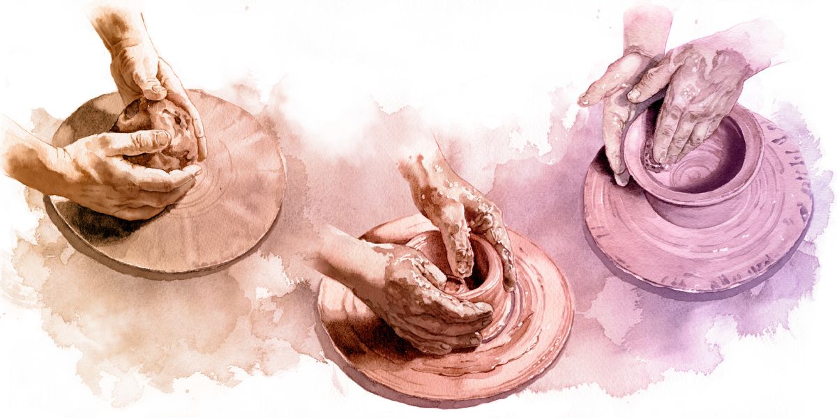 كوزه‌گری از يک تكه گل ظرفی می‌سازد