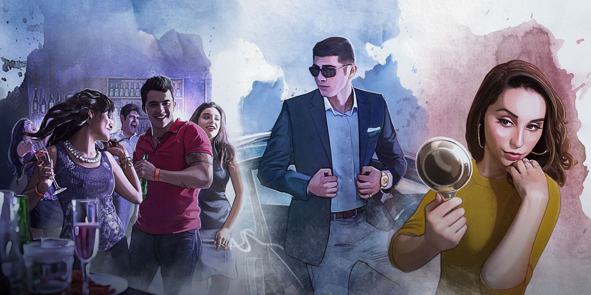 خانمی كه بسيار شيفتهٔ خودش است؛‏ مردی كه ماديات را خيلی دوست دارد؛‏ مردم از يک مهمانی دنيوی لذّت می‌برند