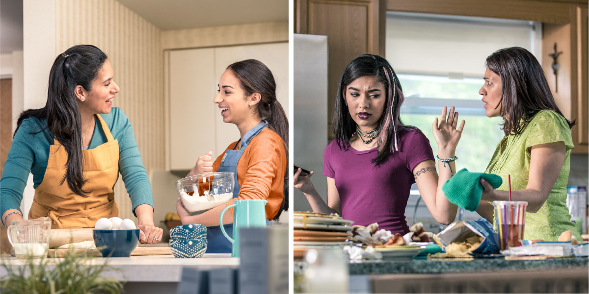 مادر و دختری با هم جرّوبحث می‌كنند؛‏ مادر و دختری با شادی با هم كار می‌كنند
