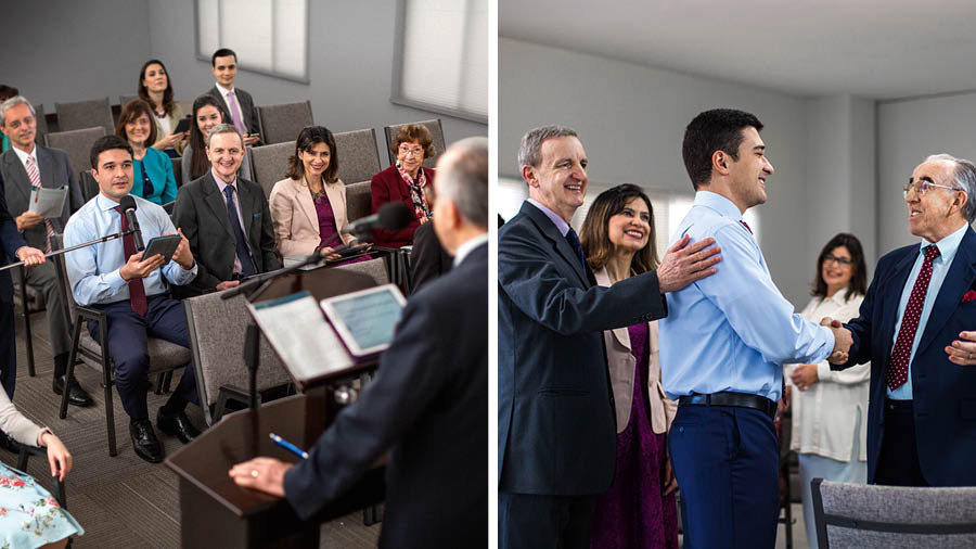 مجموعه‌ای از تصاوير:‏ ۱)‏ آن شاگرد طی مطالعهٔ برج ديده‌بانی پاسخ می‌دهد.‏ ۲)‏ برادری كه جلسهٔ مطالعهٔ برج ديده‌بانی را اداره كرده است،‏ در پايان جلسه آن شاگرد را تحسين می‌كند.‏