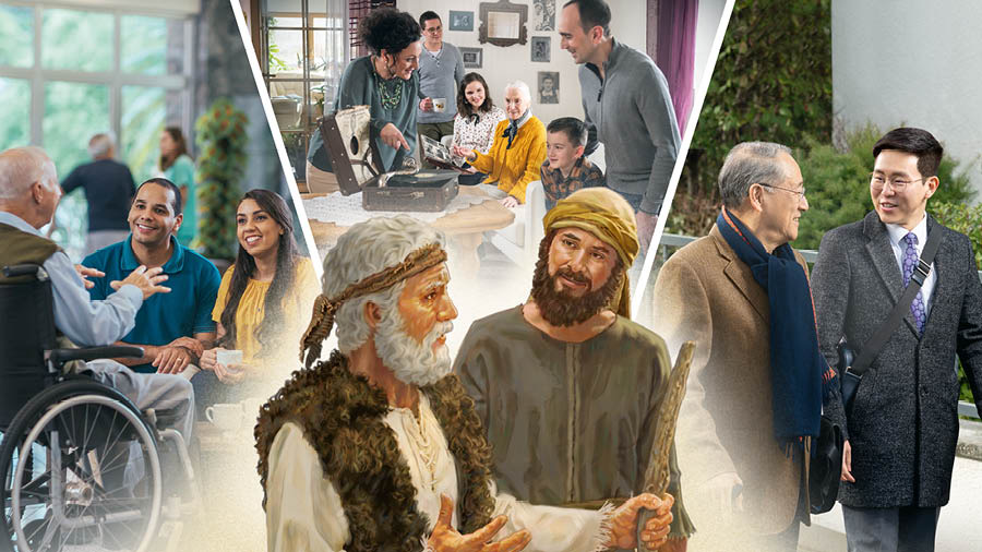 ايليّا با اِليشَع صحبت می‌كند.‏ مجموعه‌ای از تصاوير:‏ راه‌هايی كه می‌توانيم از وجود هم‌ايمانان سالمند فايده ببريم.‏ ۱)‏ زوجی در خانهٔ سالمندان به حرف‌های برادری سالمند گوش می‌دهند.‏ ۲)‏ برادران و خواهران به خانهٔ خواهری سالمند رفته‌اند و به آلبوم عكس و دستگاه گرامافون او نگاه می‌كنند.‏ ۳)‏ برادری جوان با برادری سالمند در خدمت موعظه است.‏