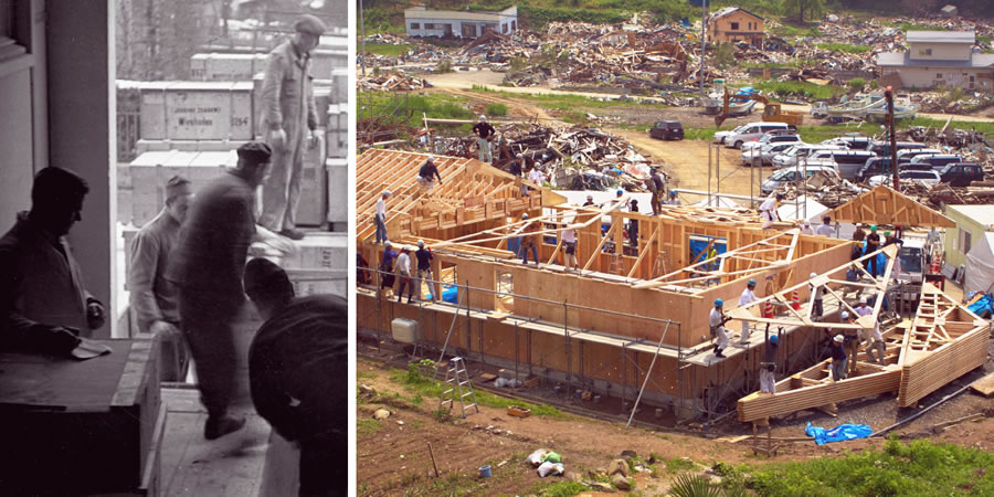 1. Avustustarvikelähetystä puretaan Saksassa vuonna 1946; 2. Todistajat rakentavat tsunamissa tuhoutunutta valtakunnansalia uudelleen Japanissa vuonna 2011