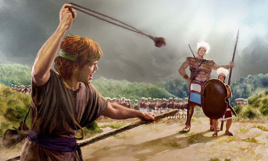 Daavid pyörittää linkoa päänsä päällä ja juoksee kohti Goljatia