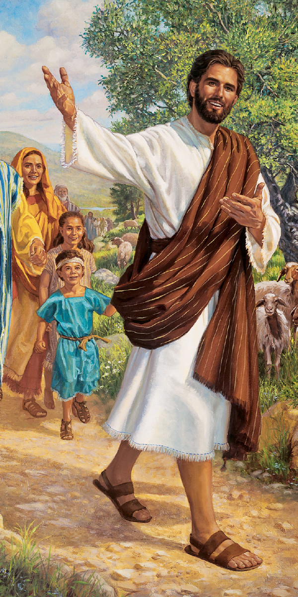 Jésus marche, des gens souriants le suivent.