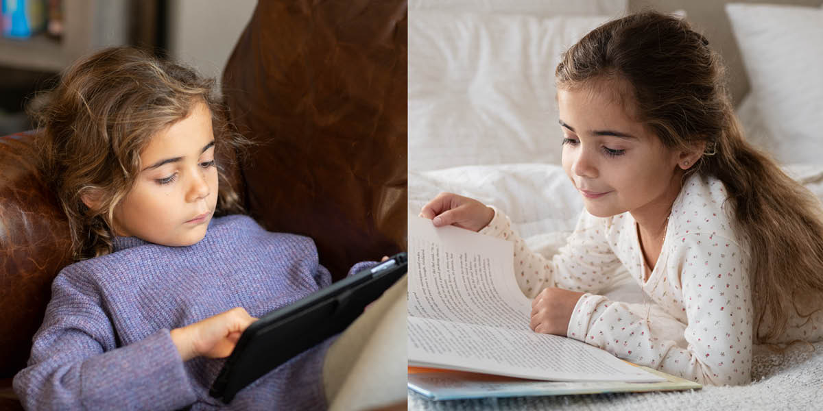 Collage: 1. Une petite fille lit sur une tablette. 2. Elle lit un livre.