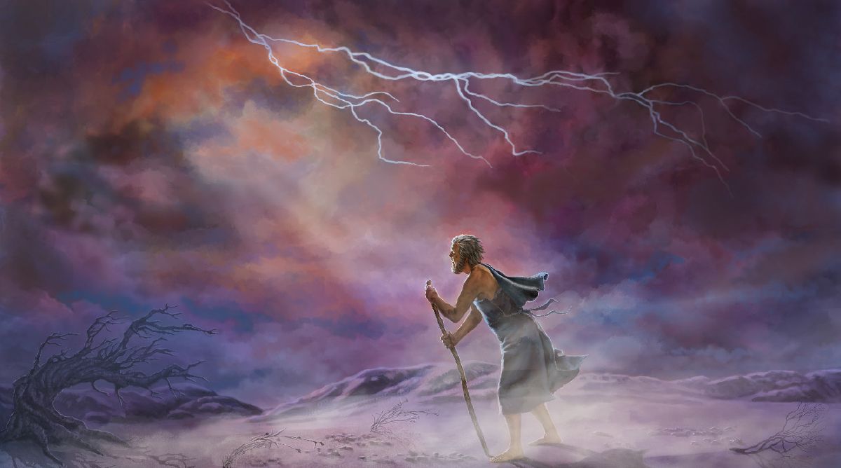 Alors qu’une tempête se déchaîne, Job, le regard tourné vers le ciel, écoute Jéhovah parler