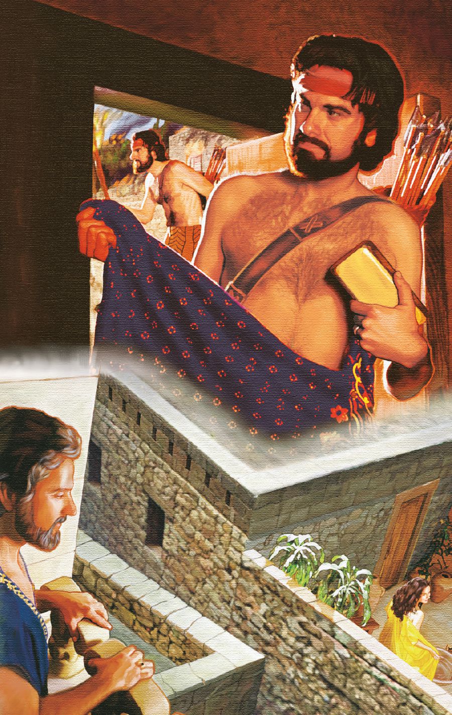Akân tient un vêtement et un lingot d’or ; David regarde Bath-Shéba
