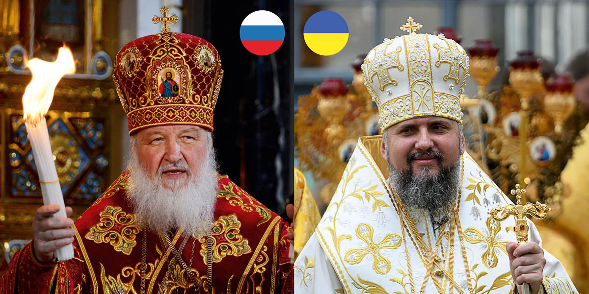 Ensemble d’illustrations : 1. Le patriarche Kirill de Moscou, Russie. 2. Le métropolite Épiphane de Kiev, Ukraine.