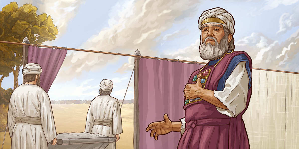 Le grand prêtre Aaron se tient dans la cour du tabernacle. Deux cousins d’Aaron transportent hors du camp les corps de Nadab et d’Abihou sur des brancards.