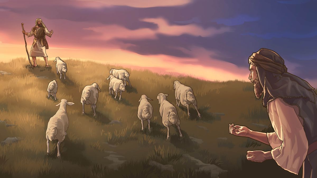 Un berger et un inconnu appellent tous deux le même troupeau de moutons. Les moutons écoutent leur berger et le suivent.