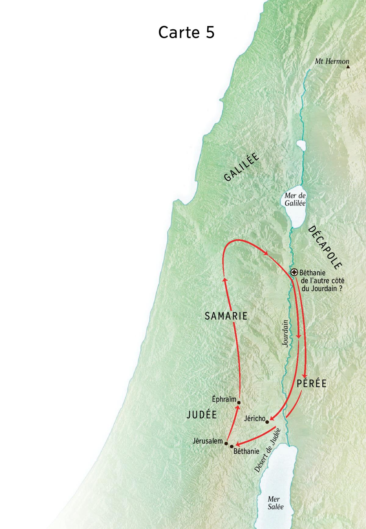Carte indiquant des lieux associés au ministère de Jésus, dont Béthanie, Jéricho et la Pérée