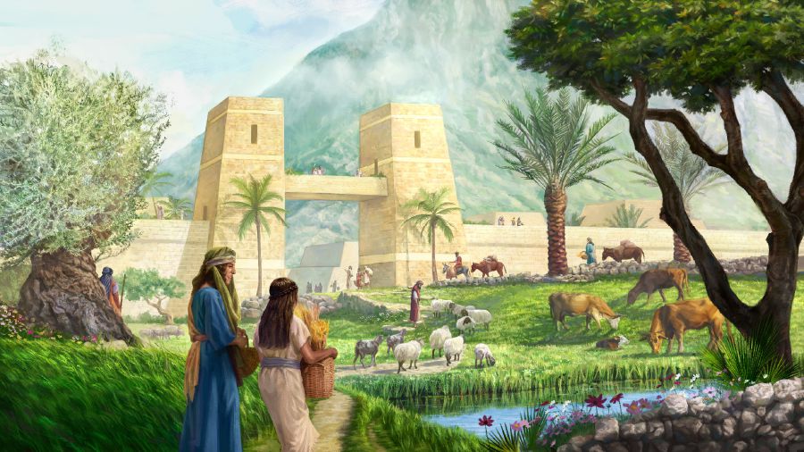 Des gens portent des céréales et s’occupent de vaches et de moutons près d’une porte de la ville appelée « Jéhovah est là ».