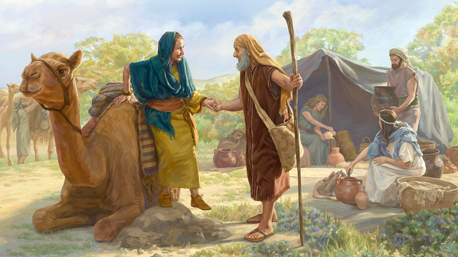 Abraham aide Sara à descendre d’un chameau. À l’arrière-plan, quelques-uns de leurs serviteurs se livrent à leurs activités quotidiennes.
