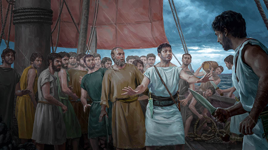 Paul et d’autres prisonniers sont sur le pont d’un bateau. Un officier romain les protège contre un soldat qui a un poignard à la main.