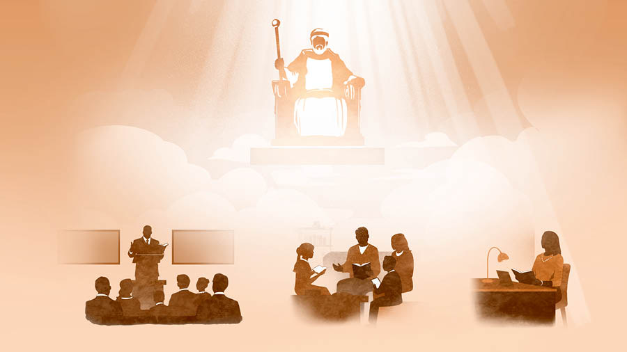 Jésus est assis sur son trône au ciel ; des rayons de la gloire de Jéhovah l’illuminent. Au-dessous de lui sont représentées trois scènes : une réunion chrétienne, un culte familial et une sœur qui étudie seule. Ces scènes se rapportent aux paragraphes 8 et 11 à 14.