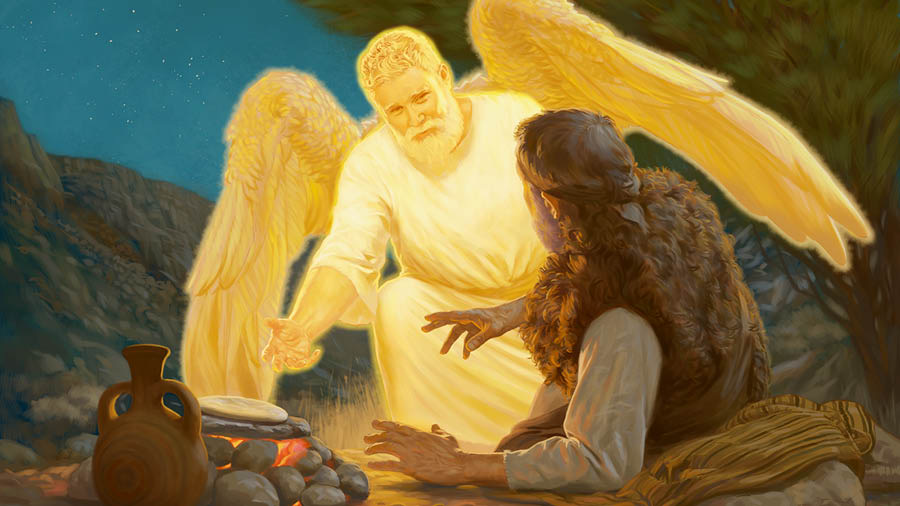 Un ange réveille Élie et l’encourage à manger. Il lui montre un pain rond sur des pierres chaudes et une cruche d’eau.