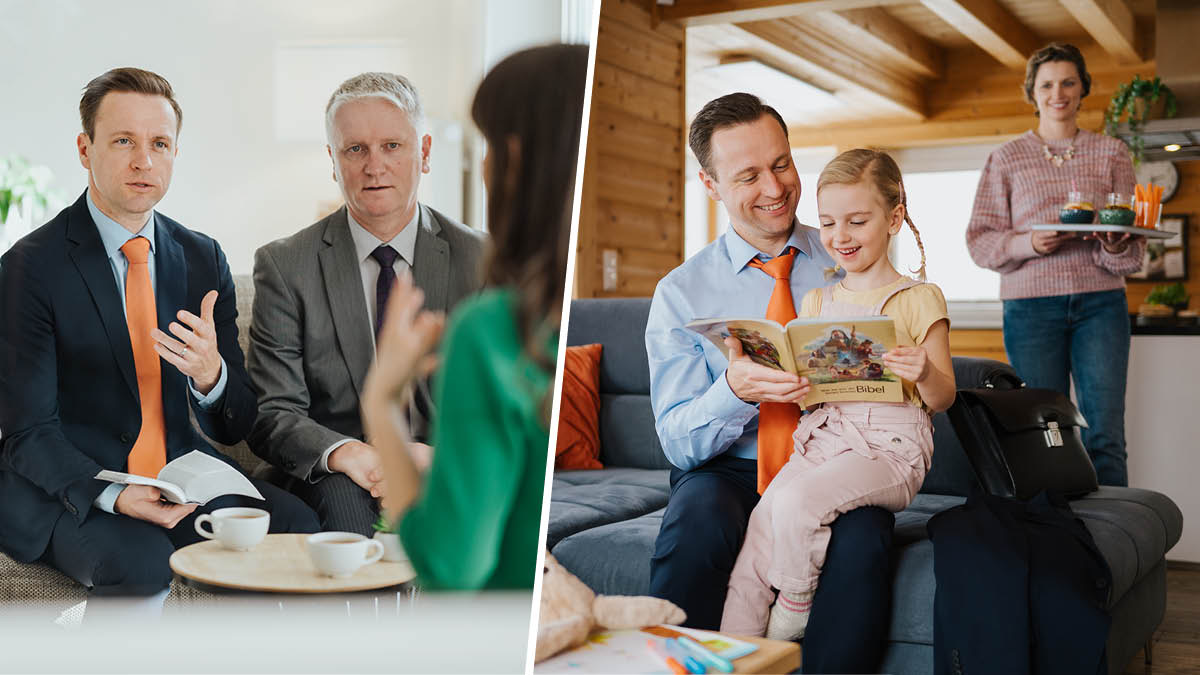 Serie de imágenes: 1. Dos ancianos visitan a una hermana en su casa. 2. Luego, uno de los ancianos le lee una historia de la Biblia a su hijita mientras la esposa les lleva algo de comer.