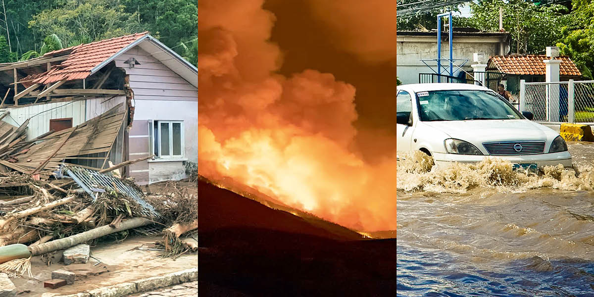 Katastrofalne posljedice vremenskih nepogoda: 1. Jako oštećena kuća okružena ruševinama i iščupanim stablima. 2. Šuma u plamenu na obronku gore. 3. Auto vozi kroz vodu na preplavljenoj gradskoj ulici.