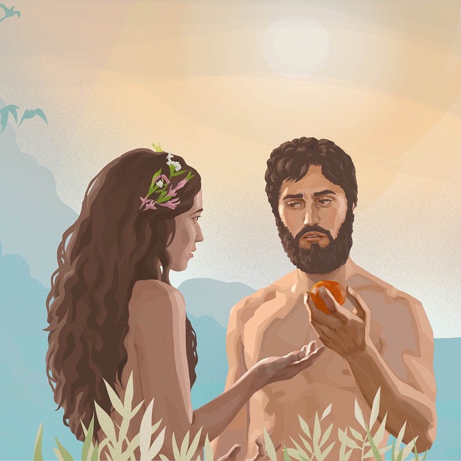 Adam drži zabranjeni plod koji mu je dala Eva.