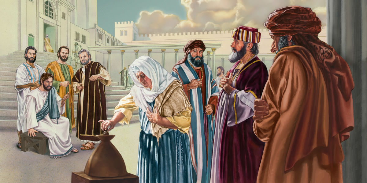 Jézus megfigyeli, amint egy szegény özvegyasszony két kis pénzérmét dob be a templom perselyébe