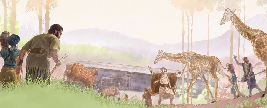 Noé a családjával állatokat gyűjt össze, hogy bevigye őket a bárkába