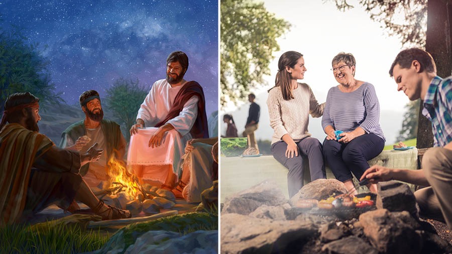 Jézus a tűz mellett beszélget a tanítványaival; két testvérnő jól elbeszélget, miközben mellettük egy testvér a tűzön sütöget