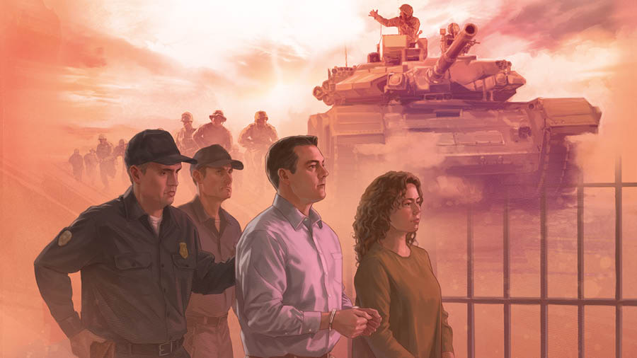 Képösszeállítás az emberek elnyomásáról. 1. Egy harckocsi és gyalogos katonák. 2. Rendőrök kísérnek egy megbilincselt Tanú-házaspárt.