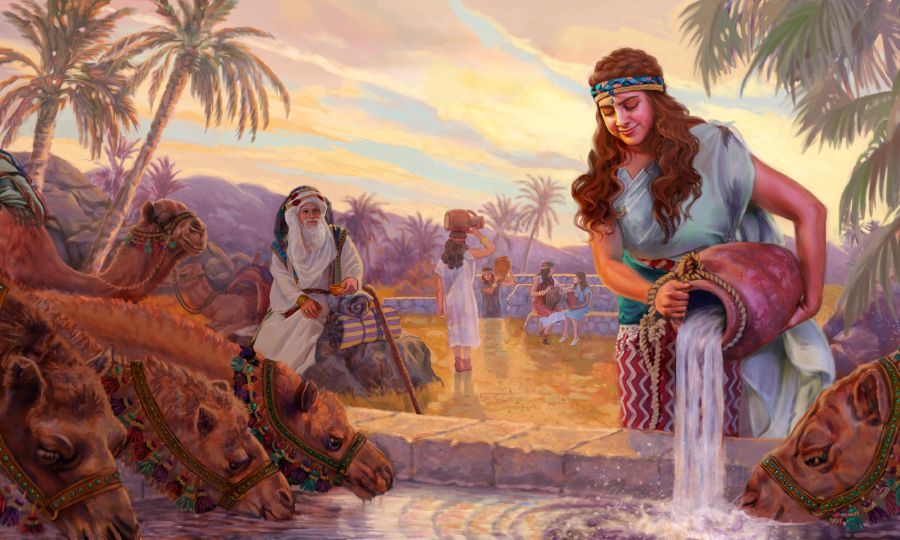 Rebeka megitatja Ábrahám szolgájának a tevéit