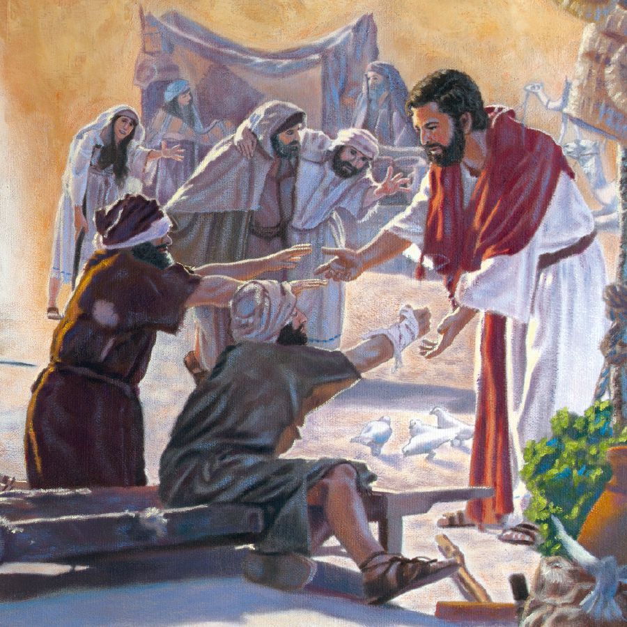 Yesus mengulurkan tangannya untuk menyentuh dan menyembuhkan orang yang sakit