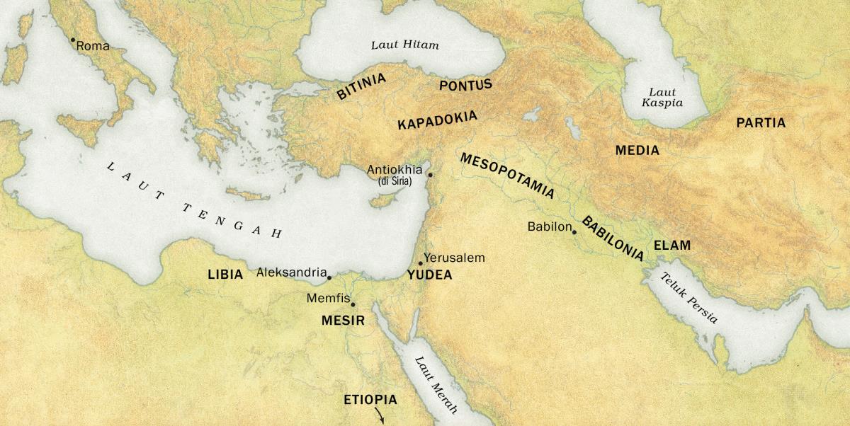 Peta yang menunjukkan daerah asal orang-orang yang mendengar kabar baik pada Pentakosta 33 M. 1. Wilayah: Libia, Mesir, Etiopia, Bitinia, Pontus, Kapadokia, Yudea, Mesopotamia, Babilonia, Elam, Media, dan Partia. 2. Kota-kota: Roma, Aleksandria, Memfis, Antiokhia (di Siria), Yerusalem, dan Babilon. 3. Perairan: Laut Tengah, Laut Hitam, Laut Merah, Laut Kaspia, dan Teluk Persia.