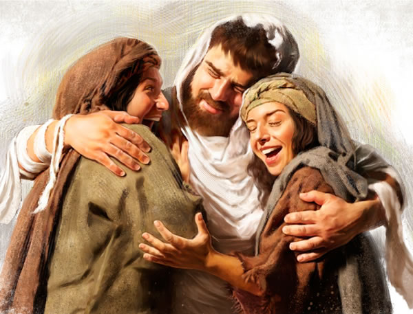 Lazarus yang sudah dibangkitkan disambut saudara perempuannya, Marta dan Maria