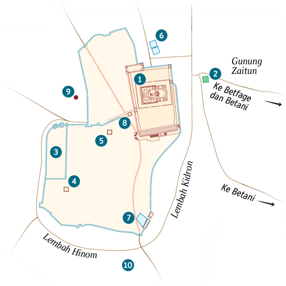 Peta Yerusalem dan sekitarnya. Peta ini menunjukkan lokasi pasti dan lokasi perkiraan dari beberapa tempat. 1. Bait. 2. Taman Getsemani. 3. Istana Gubernur. 4. Rumah Kayafas. 5. Istana yang digunakan Herodes Antipas. 6. Kolam Betzata. 7. Kolam Siloam. 8. Ruang Sanhedrin. 9. Golgota. 10. Akeldama.
