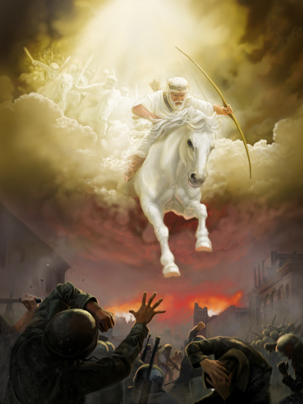 Yesus dan para malaikatnya menunggangi kuda putih di Armagedon