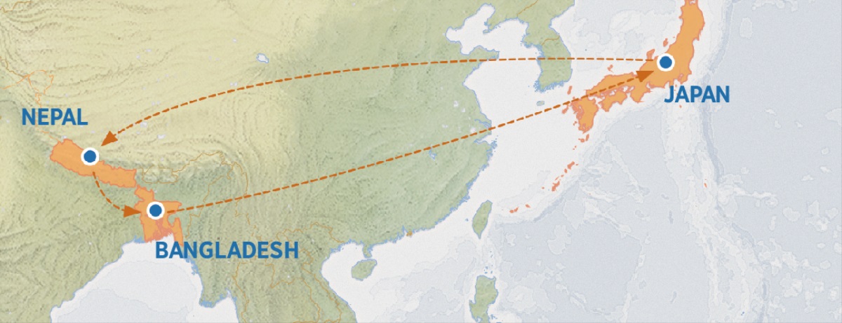 Mapa a mangipakita iti ruta manipud Japan a mapan idiay Nepal, Bangladesh, sa agsubli iti Japan