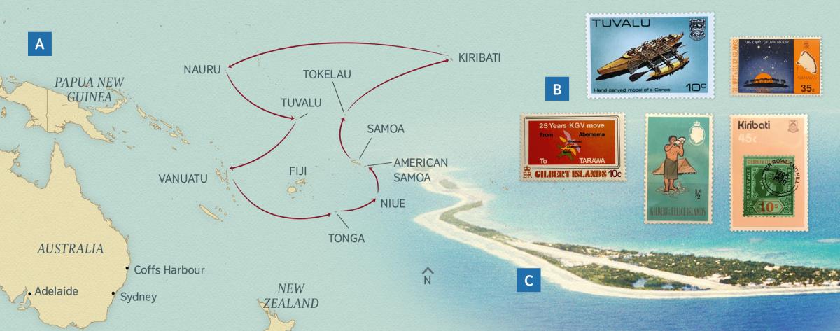 Mapa ti sirkito a binisita ti agassawa a Payne; dagiti selio ti dadduma kadagita nga isla; ti isla ti Funafuti idiay Tuvalu