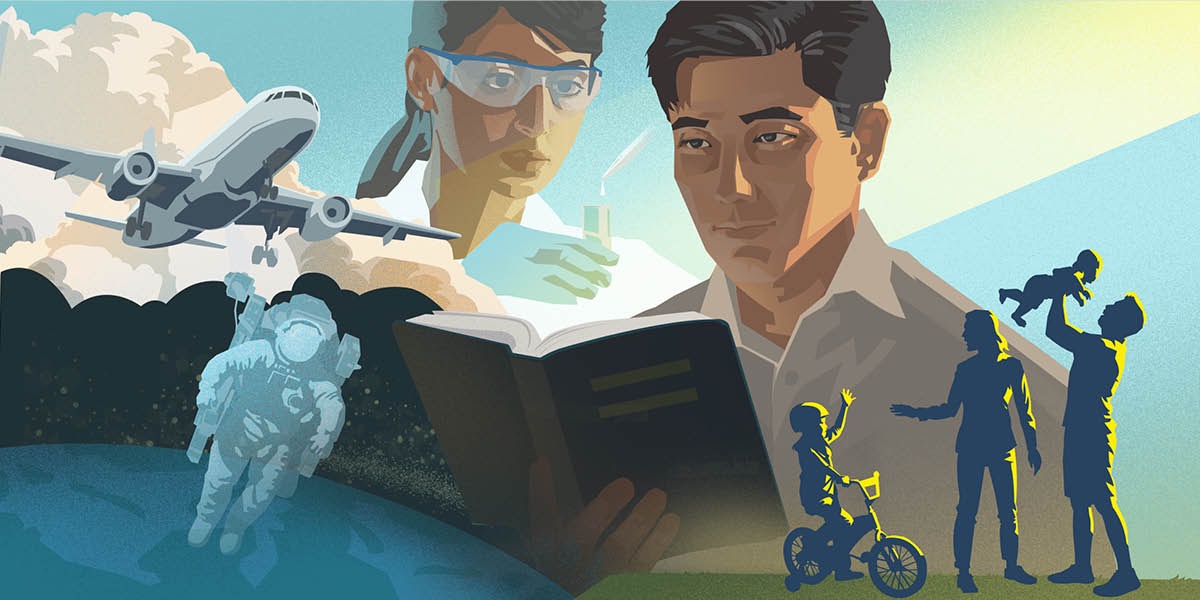 Maysa nga astronaut, maysa nga eroplano a jet, maysa a sientista, maysa a pamilia, ken lalaki nga agbasbasa iti Biblia