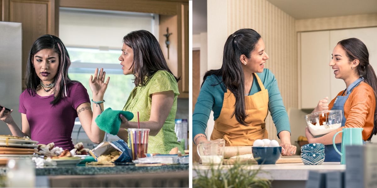 A mother and daughter argue; a mother and daughter happily work together